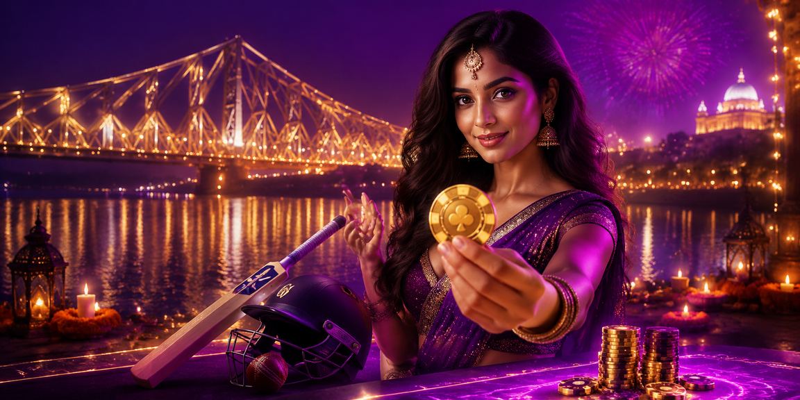 Kolkata Howrah Bridge at night with festive lights and cricket betting theme