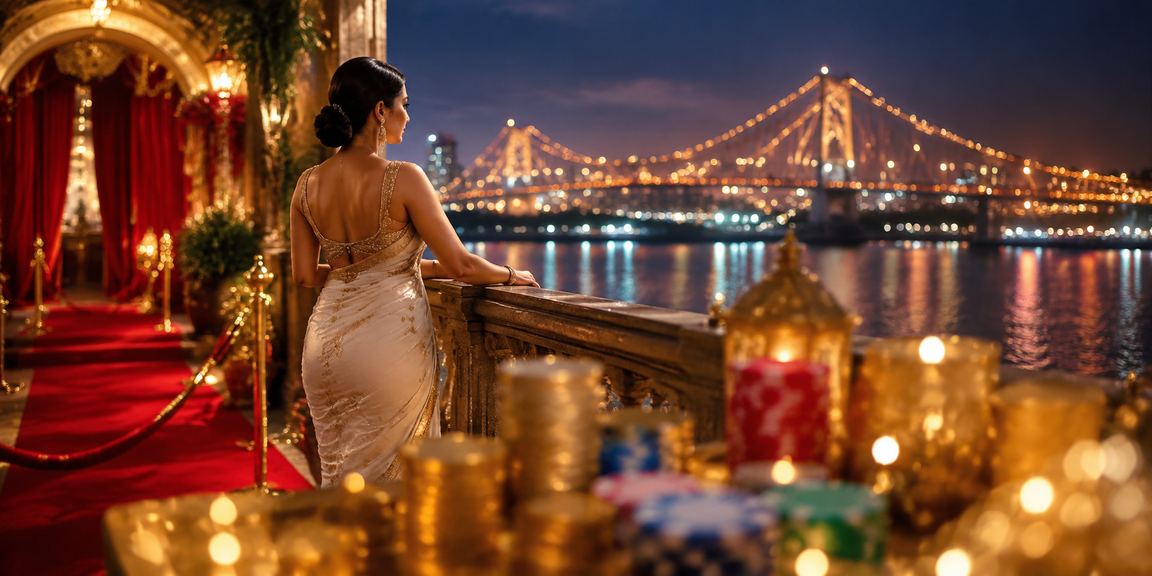 Kolkata Howrah Bridge illuminated with casino neon lights